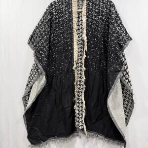 Anthropologie Acrylic Wool Kimono Black & White Houndstooth Fringe Boho NEW!